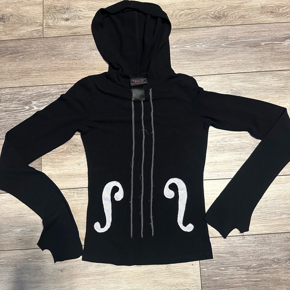 Heavy Red Black Violin Cello Long Sleeve Hooded Shirt with Thumb Holes Smalll